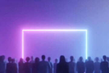 Silhouettes gathered under vibrant neon lights, creating captiva