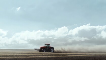 A red tractor tills dark soil, kicking up dust under a mostly cloudy sky; the field shows signs of recent harvest or planting.