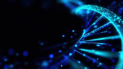 Abstract representation of a glowing DNA strand with vibrant blue particles against a dark background