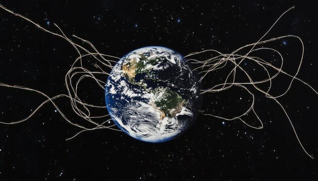 The illustration shows the planet Earth surrounded by glowing white strands against a black background filled with stars. - Powered by Adobe