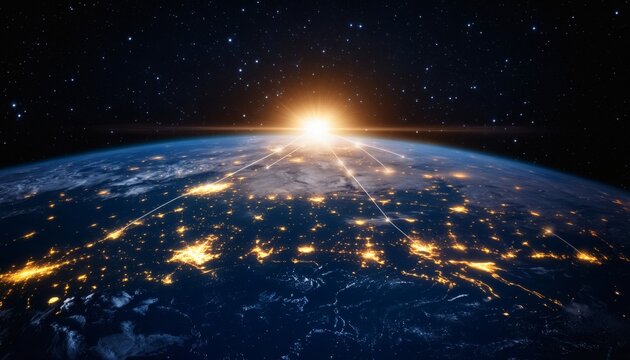 The illustration shows the Earth at night, illuminated by city lights, with glowing lines representing network connections, and a bright sun rising above the horizon from space.