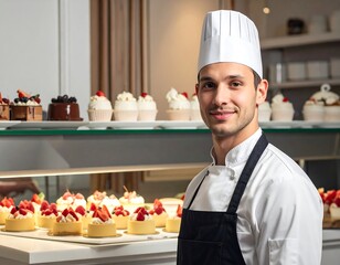 A pastry chef in a white chef's hat, smiling warmly, stands amidst a display of delicious pastries.