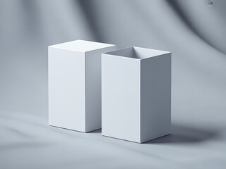 Two minimalist white geometric boxes on a soft gray fabric background