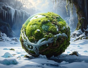 A glistening, moss-covered sphere rests amidst a wintry landscape, its delicate, icy tendrils intertwining with the frozen ground.