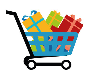 Blue shopping cart filled of gifts