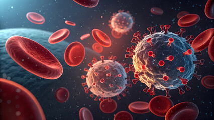 Viral Threat and Red Blood Cell Interaction Conceptual 3D Render of Immune Response Macroscopic View of Pathogen Infection and Bloodstream Dynamics