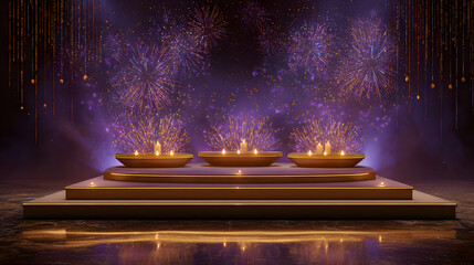 Banner design for diwali festival and podium,Diwali light decoration candle with fireworks,Stage,Product display Showcase design sparkle background,Deepavali,Dipavali,3D podium illustration.