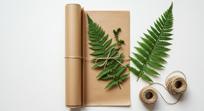 Rolled brown paper with ferns and twine in natural eco friendly packaging for sustainable branding