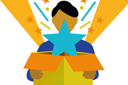 Young man with dark hair opens a colorful gift box