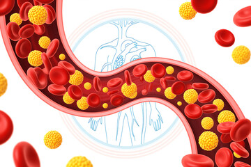 Artery with red blood cells and cholesterol deposits illustration