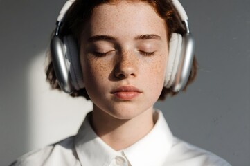 Freckled neurodivergent girl with eyes closed wearing noise cancelling headphone enjoying sensory relief and calm from external stimuli in bright soft light