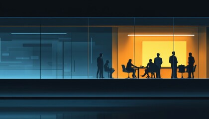 Fototapeta premium Silhouetted businesspeople are seen in a brightly lit conference room at night, some seated around a table, others standing and talking