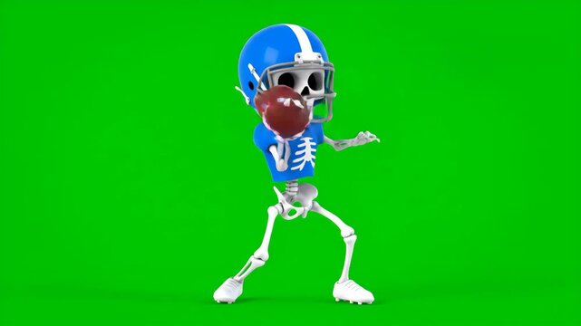Cartoon Skeleton Football Player on Green Screen - A cartoon skeleton in a football uniform is throwing a football. The video features a bright green chroma key background.