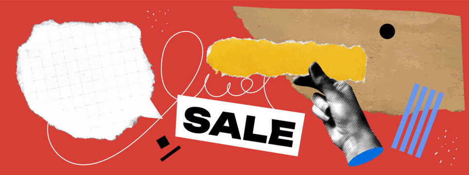 Collage banner with torn paper, halftone hand. Background for sale banner with modern collage elements, speech bubble. Abstract creative textures