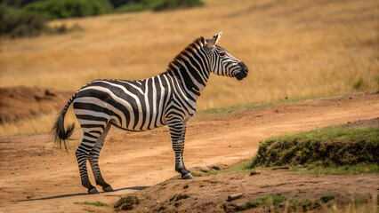 Zebra standing on a dirt path in a dry grassy savanna landscape animal wildlife