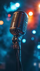 Microphone on stage with clored lights. Perfect for rticles about music, concets and entertainment.