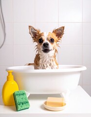 Playful indoor scene featuring a small wet dog in a white bathtub during bath time showing a curious and amused expression. Pet care, candid expression, domestic setting, humorous and endearing mood