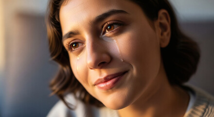 Close up of a young woman with tears streaming down her face smiling