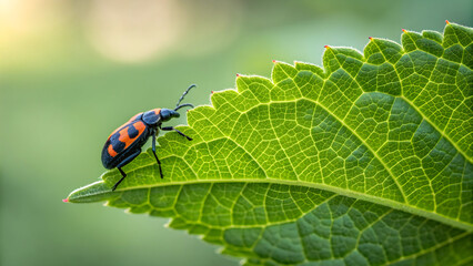Black and orange beetle on vibrant green leaf with intricate veins insect macro