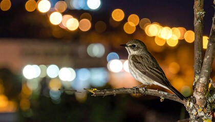 A small, light-brown bird perches on a branch at night, with a cityscape of blurred city lights as a backdrop.