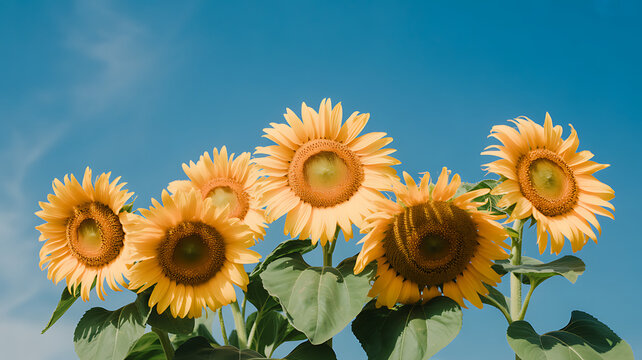 Bright yellow sunflowers blooming against a clear blue sky