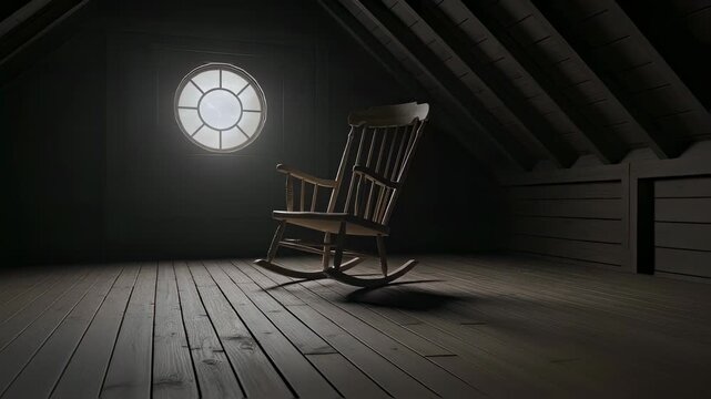 Empty rocking chair in a dark, dusty attic with a round window, creating a creepy, haunting, and scary horror scene footage.