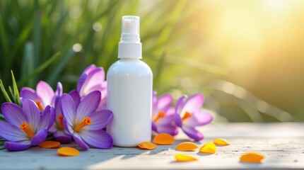 White spray bottle with purple crocus flowers and sunlight