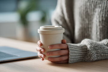 Warm drink in paper cup held by person in cozy sweater during a calm work session at a desk