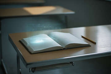 Empty Classroom Desk with Abandoned Notebook and AI Hologram Projection