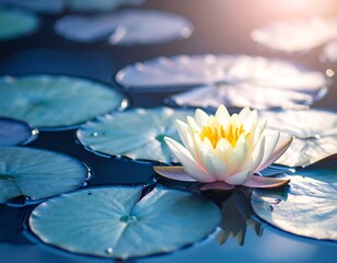 A serene image showcases a beautiful white water lily resting gently on a placid body of water, surrounded by tranquil lily pads, bathed in soft, natural light.