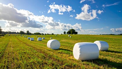 Neatly wrapped hay bales stretch across a lush green field under a bright sky, capturing the rhythm of modern farming and rural tranquility.