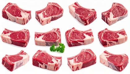 Obraz premium A mouthwatering display of twelve marbled ribeye steaks arranged in rows, showcasing premium cuts and culinary excellence.