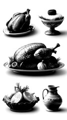 Festive dinner spread featuring roasted chicken, creamy dessert, and fresh fruit on a decorative table