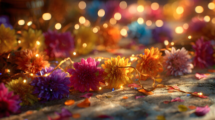 Colorful Holi Decorations with Flowers and Lights