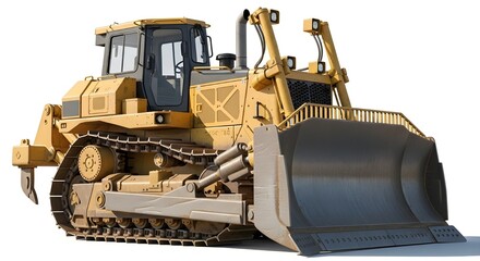 Fototapeta premium Heavy bulldozer machine, Construction bulldozer, Yellow bulldozer vehicle, Industrial bulldozer equipment, Bulldozer with tracks, Large bulldozer on white, Powerful bulldozer machine, Bulldozer constr