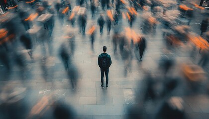 A single person with a backpack stands still in the center of a plaza while many other people move rapidly around them, creating a sense of motion blur.