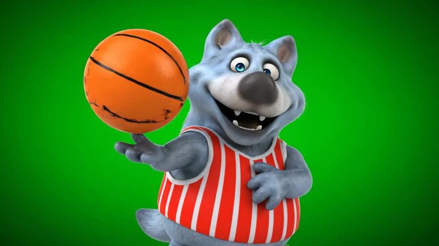 Cartoon Wolf Spinning Basketball on Finger - A cartoon wolf character is expertly spinning a basketball on his finger.