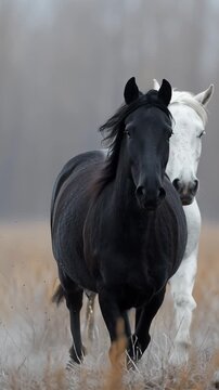 Real photo A black horse runs to fac eto a white horse ,Scandinavian field , seen the distance. 