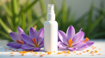 White spray bottle with purple crocus flowers and saffron threads