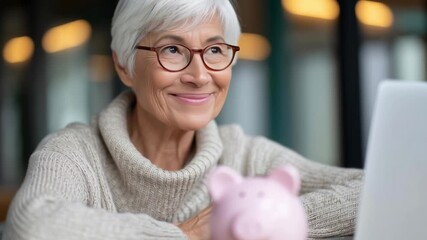 A woman is sitting in front of a laptop with a pink piggy bank in front of her. She is smiling and she is happy - Powered by Adobe