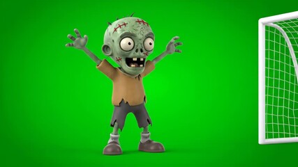 Cartoon Zombie Celebrating Soccer Goal - A cartoon zombie celebrates a soccer goal, standing in front of a green chroma key background.