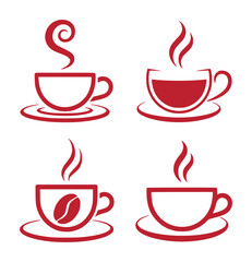 Four Red Coffee Cups with Steam and Coffee Bean Icon