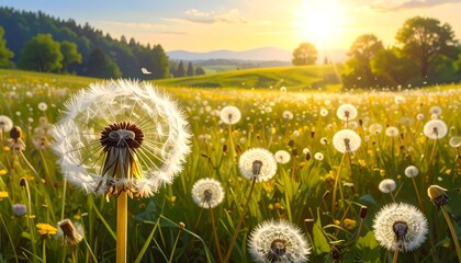 Sun-drenched meadow with dandelions