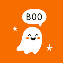 Vector cute halloween ghost character in flat design. Funny smiling phantom with adorable spirit look. Perfect spooky clipart for festive decoration and holiday design.