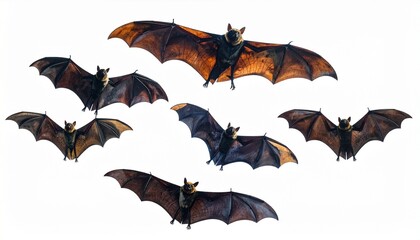 Naklejka premium Six bats flying in various directions with wings fully extended, showing detailed anatomy against white background.