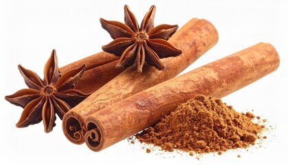 Cinnamon sticks, ground cinnamon powder, and star anise pods arranged on surface, showcasing aromatic cooking spices.