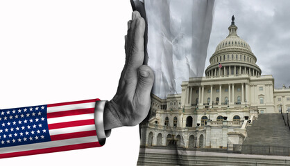 Fototapeta na wymiar American Government Shutdown and US Government and Closed federal system that is shut down or closing as the United States stalemate due to spending bill disagreement between the left and right.