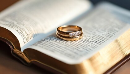 Two gold wedding bands with diamonds are placed on top of an open bible with visible text.