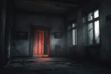 Obraz premium Eerie Abandoned Interior: Haunting Atmosphere of a Dark, Creepy Room in an Old Building