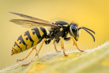 Macro photograph of a yellow and black striped wasp on a fuzzy green leaf insect close up